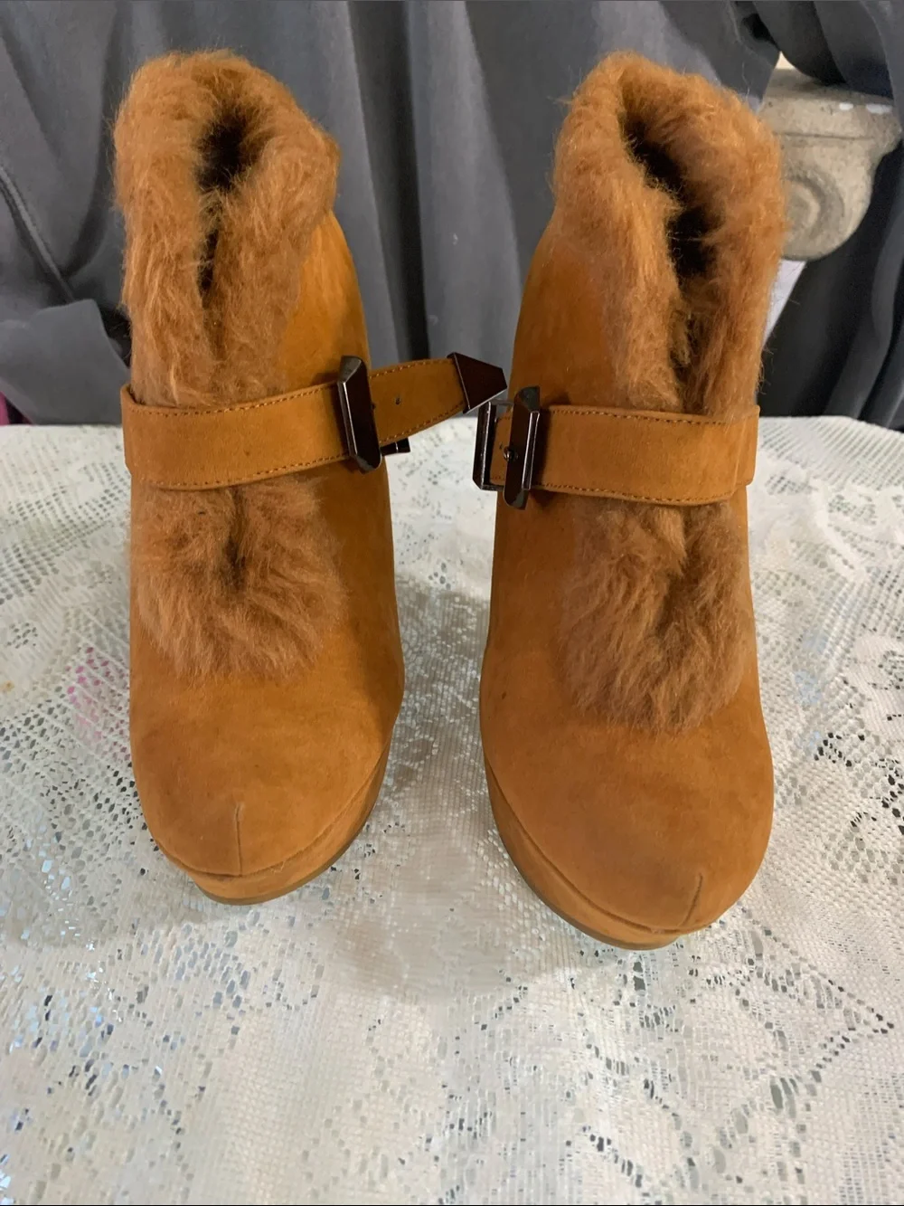 Faux Fur Trim Wedge Booties in Cognac Tan with Buckle Detail
